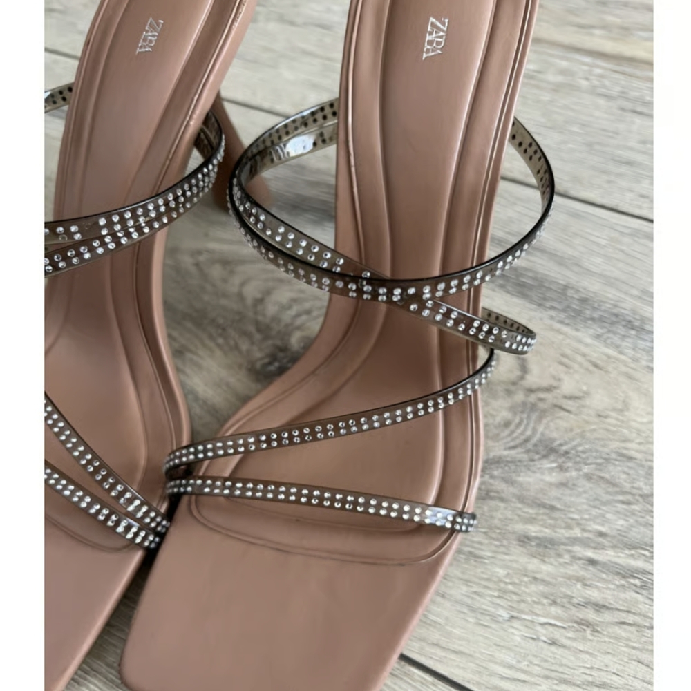 Zara rhinestone nude strap block heels